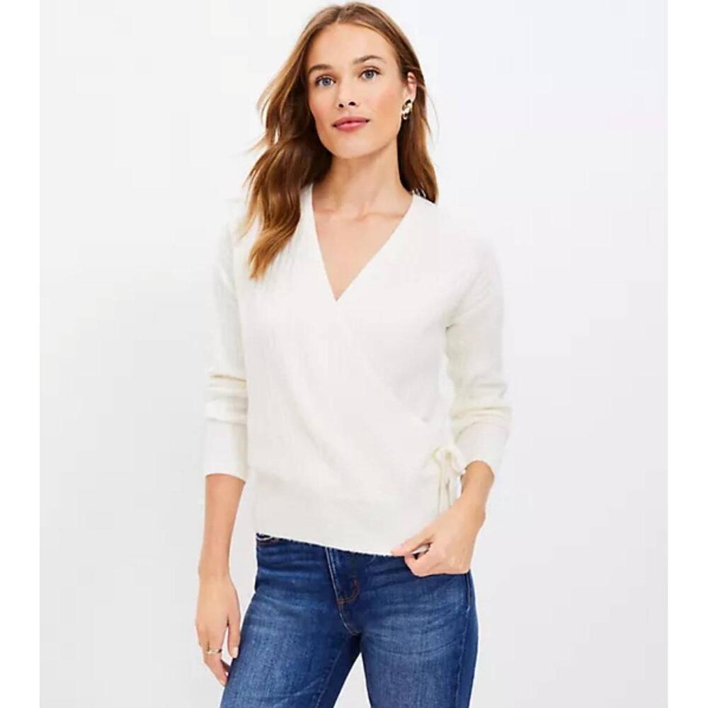 NWT Loft Ivory Faux Wrap Sweater Ribbed Texture Tie Large